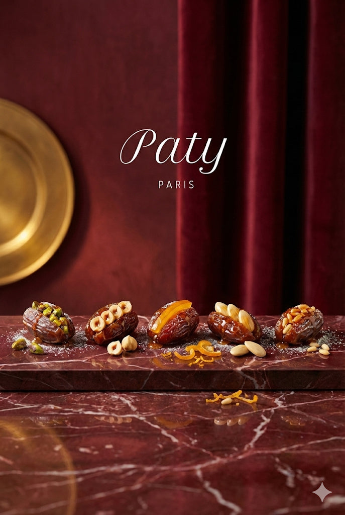 5 différentes datte medjoul fourrées de chez Paty Paris. Une a la pistache caramélisées, une autre a la noisettes caramélisées, une autre a l'écorce d'orange confite, une aux amandes caramélisées et une aux pignons caramélisées. ces dattes sont soigneusement présentées sur une table en marbre en dessous du logo Paty Paris. 
