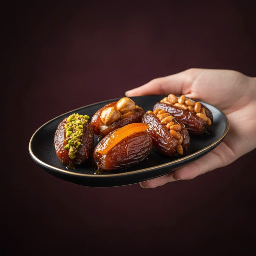 Assiette de datte confectionner par Paty Paris. Une main qui tend une assiette d'un assortiment de dattes fourrées. 