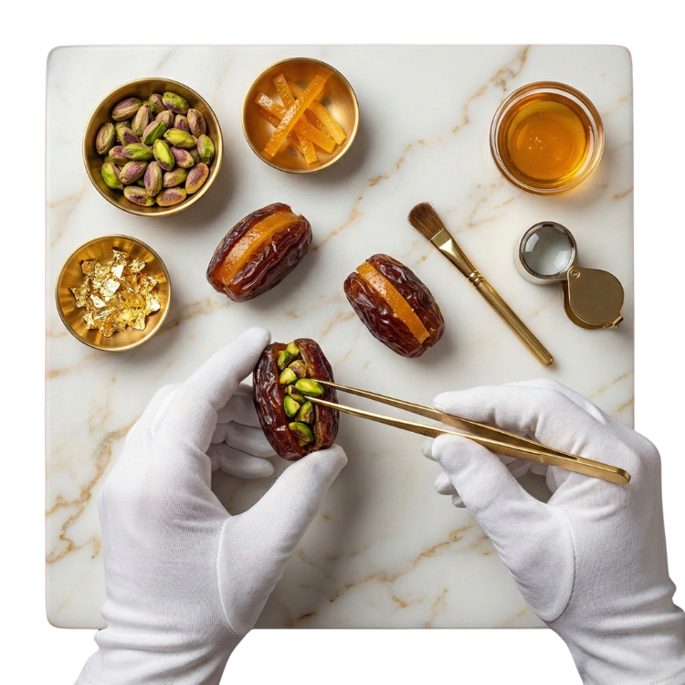 Préparation minutieuse des dattes medjoul fourrées de chez Paty Paris. Avec de belles pistache verte d'Iran, de belles écorces d'orange confites, un pot de miel pour caramélisées les fruits sec et quelques feuilles d'or pour venir décorer les dattes fourrées a la pistache. 